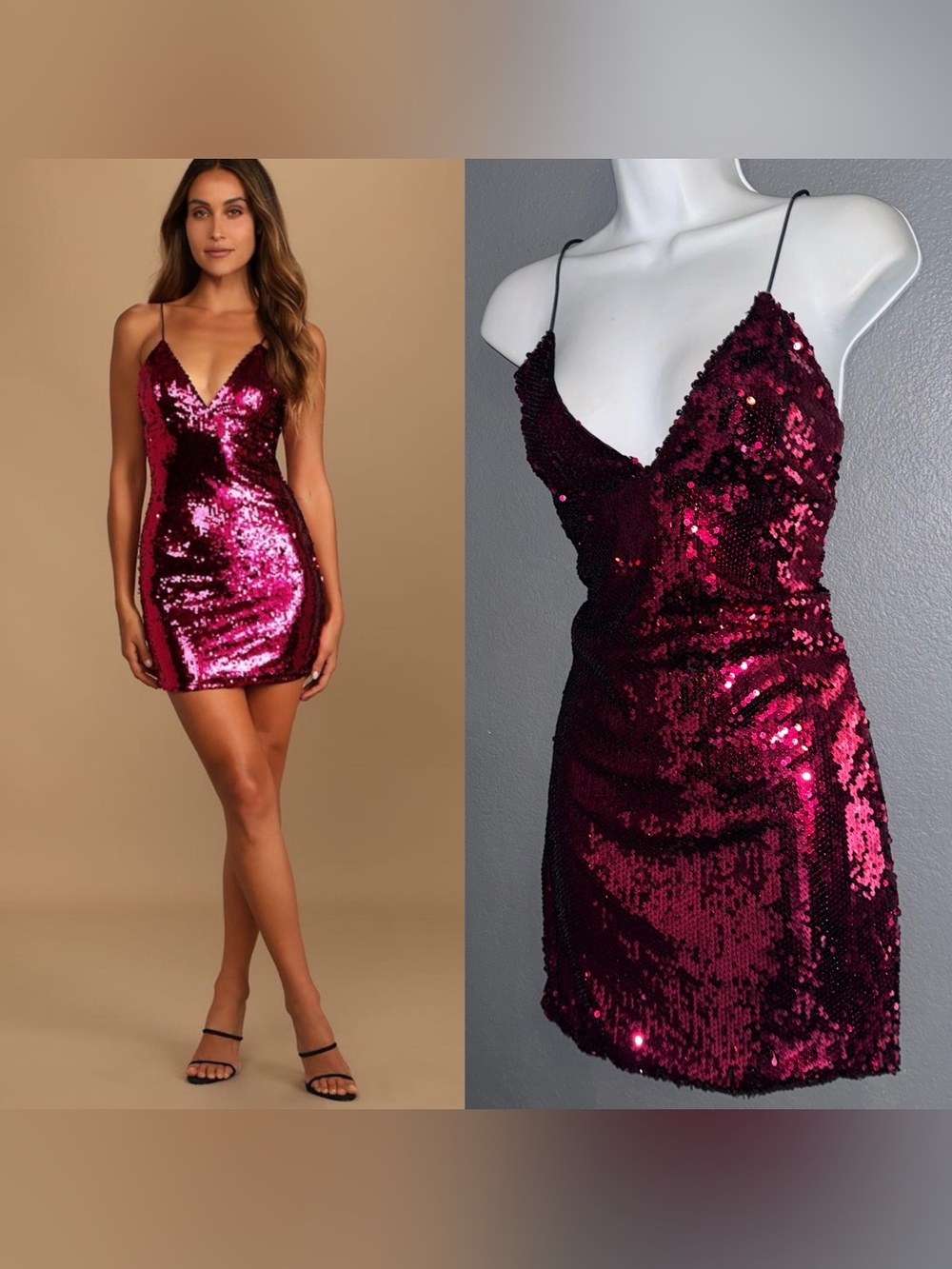 Lulus Women's Pink Sequin Spaghetti Strap Mini V-Neck Sexy Dress Small
